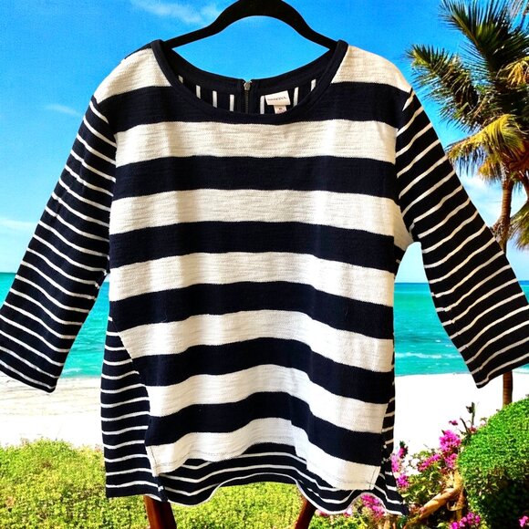 Navy Blue & White Striped Top Double Sided High/Low 3/4 Sleeve by Merona - Picture 1 of 13